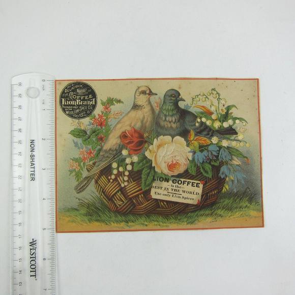 Victorian Trade Card LARGE Woolson Spice Lion Coffee Flowers Basket Dove Birds - Picture 11 of 12